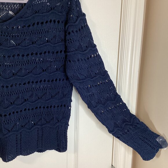 Grace Women's Crochet Top Navy Blue Sheer Sweater Long Sleeves Made in Italy - Picture 3 of 8